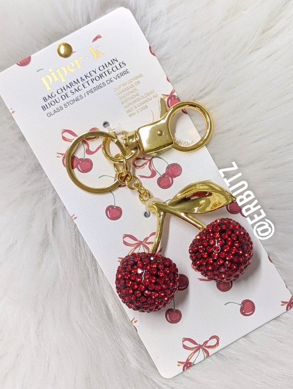 Piper K Glass Bead Crystal Cherry Bag Charm Keychain 🍒 Chic Purse Accessory